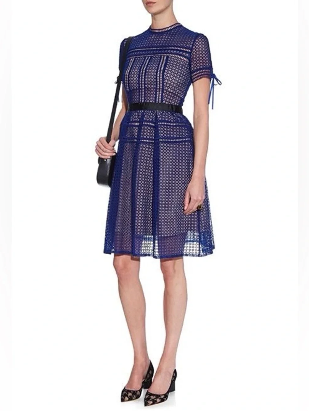 SELF-PORTRAIT Aurelia Navy Rayon Lace Panelled Fit & Flare Cap-Sleeves NWOT $795 - Picture 3 of 7